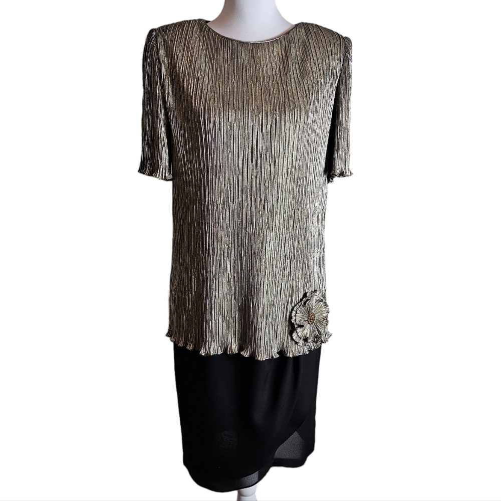 Vintage 80s Patra Drop Waist Cocktail Dress Size 8 Gold Crinkle Black Chiffon